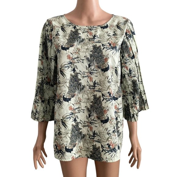 World Market Blouse Womens Small Medium Green Floral Peacocks Pleated Sleeve - Picture 1 of 9